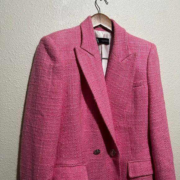 Zara Women's Medium Double-Breasted Textured Weave Tweed Blazer Jacket in Pink - Picture 4 of 11